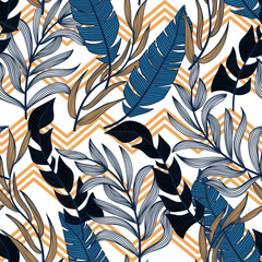 Trending abstract seamless pattern with colorful tropical leaves and plants on white background. Vector design. Jungle print. Floral background. Printing and textiles. Exotic tropics. Fresh design.