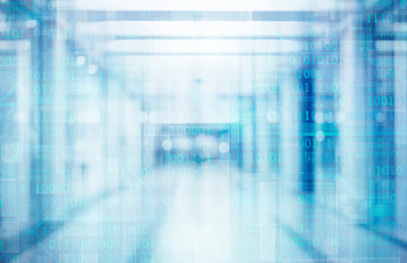 Wall Mural - abstract defocused blurred technology space background, empty business corridor or shopping mall. Medical and hospital corridor defocused background with modern laboratory (clinic)