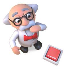 Wall Mural - Curious mad scientist professor character looks at a switch on the floor, 3d illustration