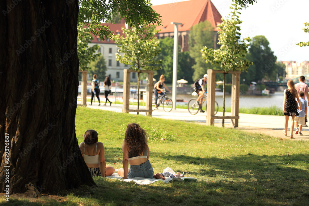 Dwie młode kobiety wypoczywają pod drzewem w parku Wrocławia. - obrazy, fototapety, plakaty 
