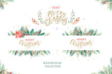 Watercolor Christmas Design Composition Of Poinsettia, Fir Branches, Cones, Holly And Other Plants Poster. Winter Cover, Invitation, Banner Lateral, Greeting Card.