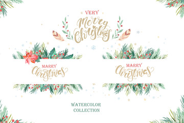 watercolor christmas design composition of poinsettia, fir branches, cones, holly and other plants p