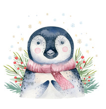 Watercolor Cute Baby Penguin Cartoon Animal Portrait Design. Winter Holiday Card On White Background. New Year Decoration, Merry Christmas Element