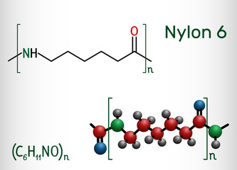 Poster - Nylon 6 or polycaprolactam polymer molecule. Structural chemical formula and molecule model