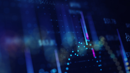 3D illustration of fnancial business chart with diagrams and stock numbers showing profits and losses over time dynamically