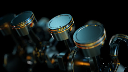 3D illustration of close-up of engine in slow motion, pistons and valves.