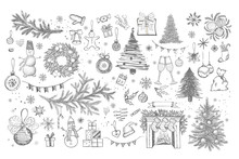 Christmas Pattern In Sketch Style. Hand Drawn Illustration.