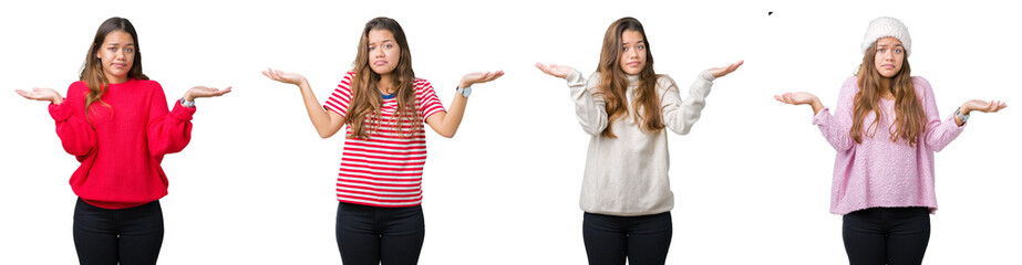 Sticker - Collage of beautiful young woman over isolated background clueless and confused expression with arms and hands raised. Doubt concept.