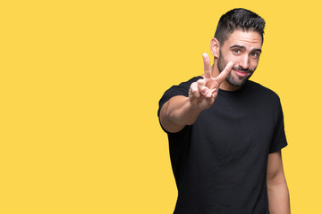 Young handsome man over isolated background smiling looking to the camera showing fingers doing victory sign. Number two.