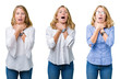 © Krakenimages.com - Collage of beautiful blonde business woman over white isolated background shouting and suffocate because painful strangle. Health problem. Asphyxiate and suicide concept.