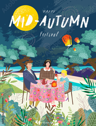 Happy Shinese Mid Autumn Festival Vector Cute Family Illustration For Dinner In Nature Mother Father And Child Are Eating At The Table Freehand Drawing For A Poster Banner Or Card Buy