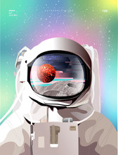 Vector Illustration Of A Portrait Of An Astronaut In A Spacesuit In Space With Planets, Gradient Abstract Background For A Poster, Banner Or Cover