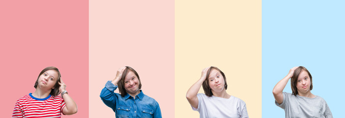 Sticker - Collage of down syndrome woman over colorful stripes isolated background confuse and wonder about question. Uncertain with doubt, thinking with hand on head. Pensive concept.