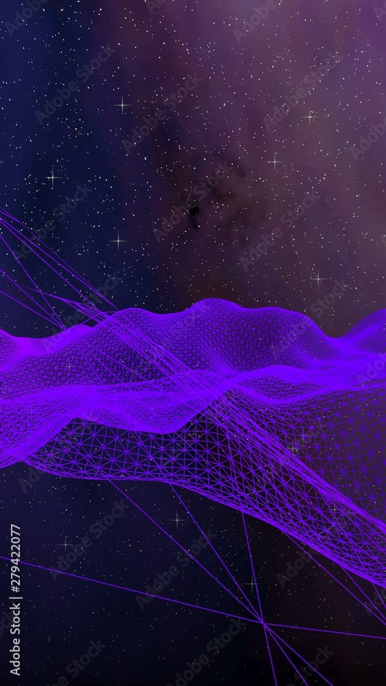 Abstract ultraviolet landscape on a dark background. Purple cyberspace grid. hi tech network. Outer space. Violet starry outer space texture. Vertical image orientation. 3D illustration - obrazy, fototapety, plakaty 