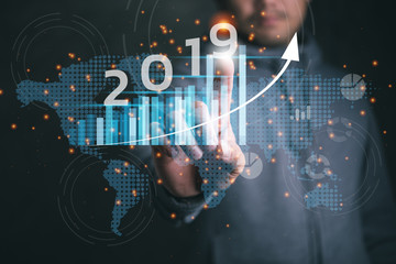 Poster - 2019 New year planning business and financial concept. Businessman touching virtual screen on growth graph chart and data, business strategy, banking and investment, digital marketing and payment.