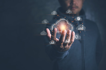 Leinwandbilder - Big data analytics and business intelligence concept with chart and graph icons on a digital screen interface and a businessman in background