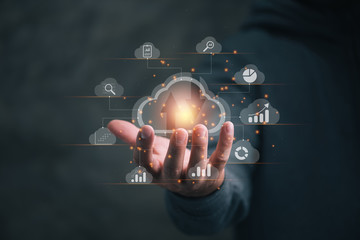 Leinwandbilder - Big data analytics and business intelligence concept with chart and graph icons on a digital screen interface and a businessman in background