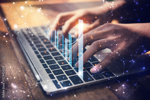 Fotografía Businesswoman use laptop ,analytics and financial and bank technology concept, c