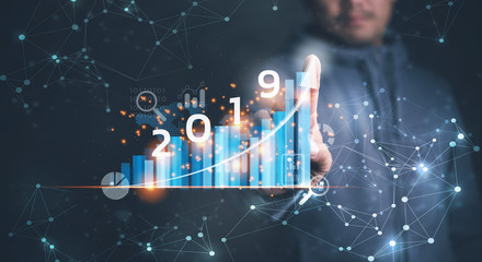 Poster - 2019 New year planning business and financial concept. Businessman touching virtual screen on growth graph chart and data, business strategy, banking and investment, digital marketing and payment.