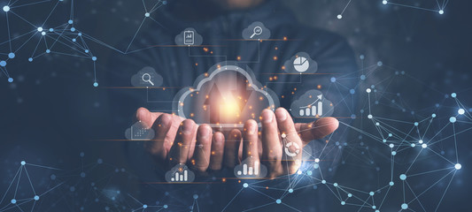 Leinwandbilder - Big data analytics and business intelligence concept with chart and graph icons on a digital screen interface and a businessman in background