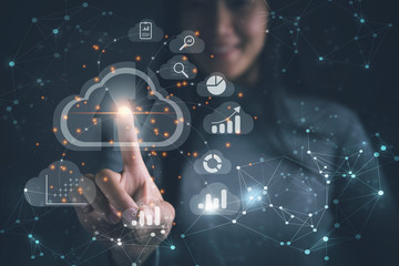 Leinwandbilder - Big data analytics and business intelligence concept with chart and graph icons on a digital screen interface and a businesswoman in background