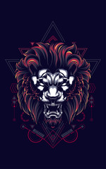 Wall Mural - wild lion head logo illustration with sacred geometry pattern as the background