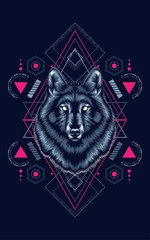 Wall Mural - wild wolf head logo illustration with sacred geometry pattern as the background