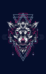 Wall Mural - wild head wolf logo illustration with sacred geometry pattern as the background