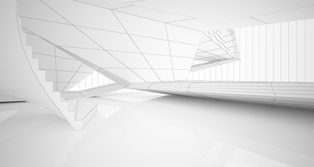 Drawing abstract architectural white interior of a minimalist house with large windows. 3D illustration and rendering.