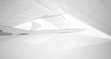  Drawing abstract architectural white interior of a minimalist house with large windows. 3D illustration and rendering.