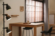 © New Africa - Modern room interior with table set, window blinds and stylish decor elements