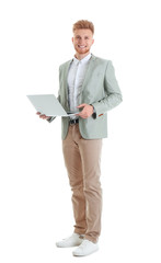 Poster - Young man with laptop on white background