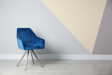 Poster - Blue modern chair for interior design on wooden floor at color wall