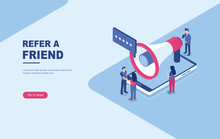 Refer A Friend Concept, People Shout On Megaphone, Character Handshake. Usable As Landing Page, Template, Ui, Web, Mobile App, Poster, Banner, Flyer. Vector Illustration