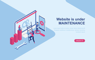 Website under maintenance page. Website error page. Flat isometric design vector illustration