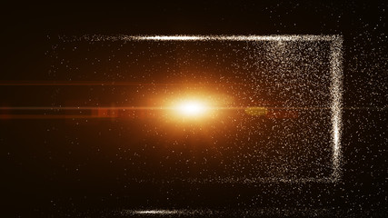 glow gold orange dust particle in square box, explosion light ray beam.