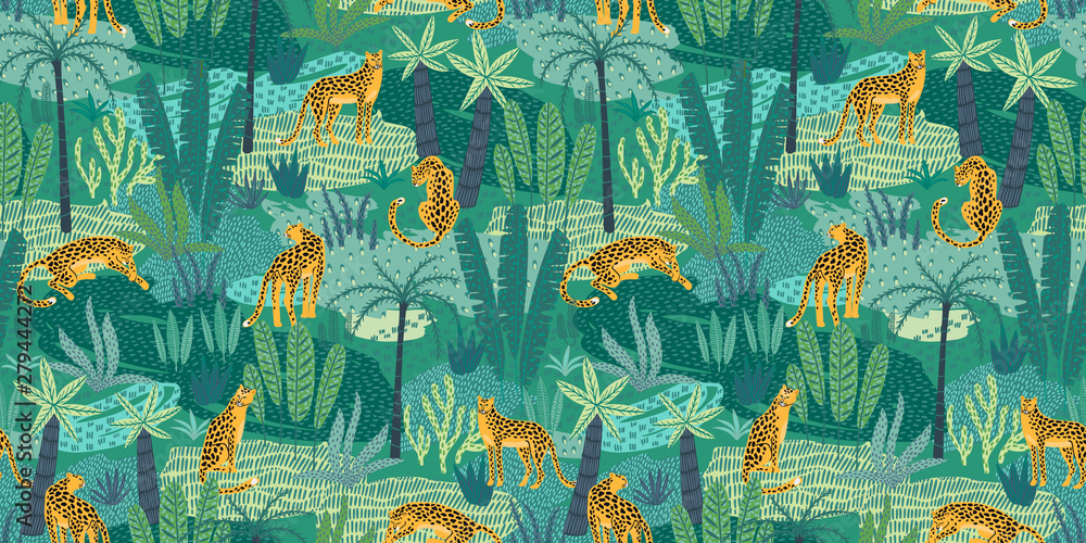 Papel de parede Vestor seamless pattern with leopards and tropical leaves.