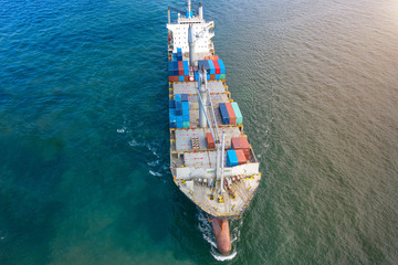 Wall Mural - top aerial view of the containers ship sailing in the sea carriage the shipment from loading port to destination discharging port, transport and logistics services to worldwide, light shipment voyage