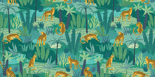 Fotomural Vestor seamless pattern with leopards and tropical leaves.