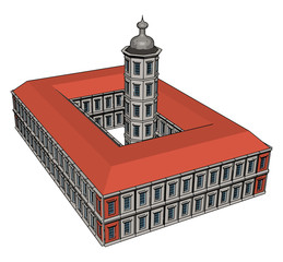 Poster - Beautiful big building with red roof, illustration, vector on white background.