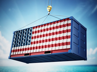 Cargo container with flag of Italy against blue sky. 3D illustration