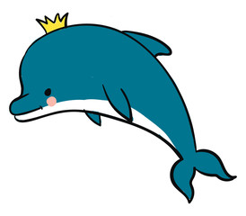 Poster - Dolphin with crown, illustration, vector on white background.