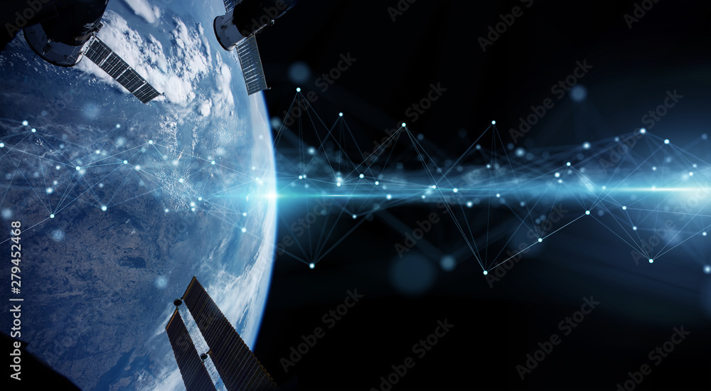 Satellites sending datas exchanges and connections system over the globe 3D rendering elements of this image furnished by NASA - obrazy, fototapety, plakaty 