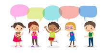 Multiracial Kids With Speech Bubbles, Set Of Diverse Kids And Different Nationalities With Speech Bubbles Isolated On White Background, Kids Sharing Idea Concept. Vector Cartoon Illustration