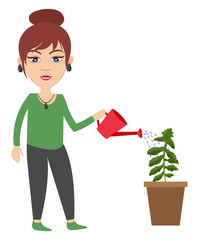 Sticker - Woman watering plant, illustration, vector on white background.