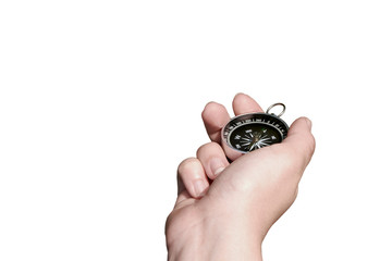 female hand holding fingers compass. isolated on white background