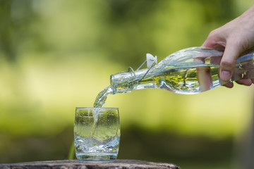 Wall Mural - Hand pouring drink water from bottle into glass with natural background