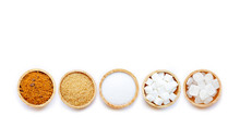 Various Types Of Sugar On White Background.