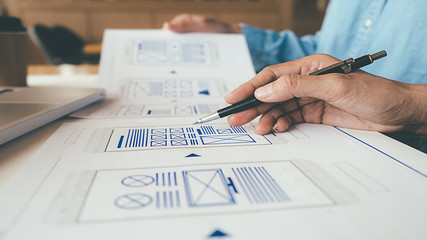 Creative Web Designer planning application and developing template layout, framework for mobile phone. User experience (UX) concept.