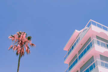 Poster - Orange palm tree and part of hotel. Minimal infrared style